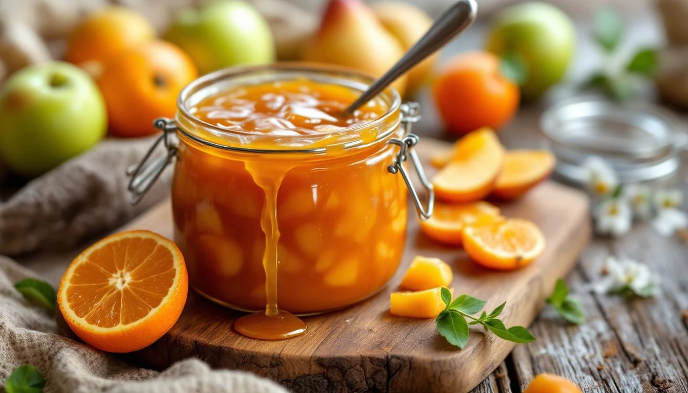 Pot ouvert de confiture de kaki et pommes maison avec fruits frais autour