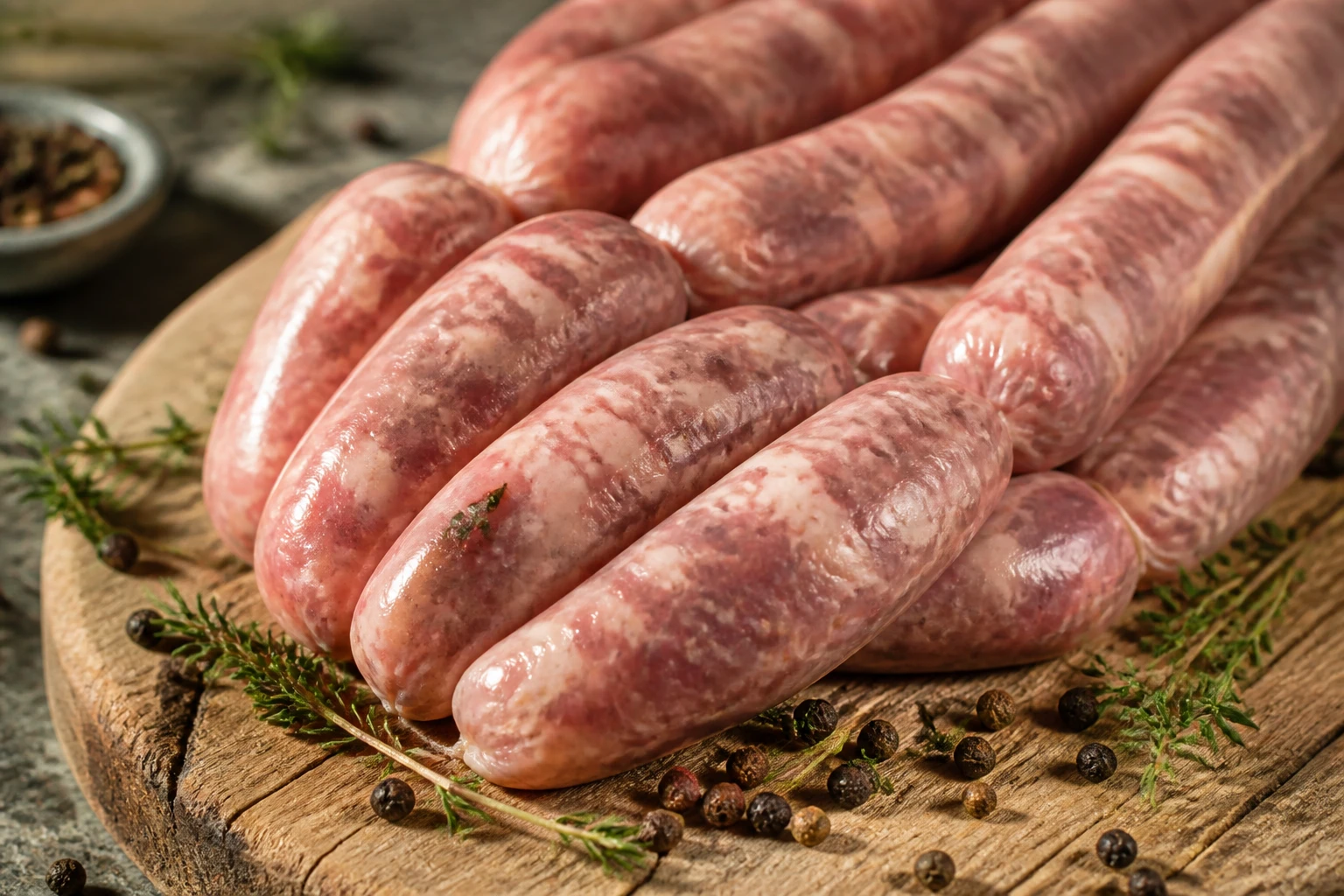 Chipolatas fraîches liées en boyau de mouton sur une planche de boucherie en bois avec du thym frais