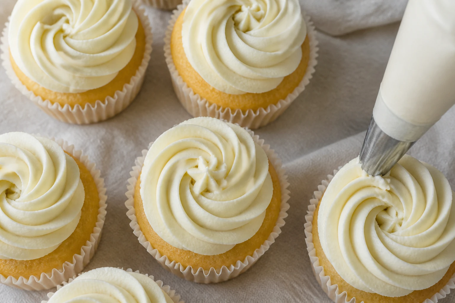 Glaçage mascarpone en rosette sur cupcakes, vue rapprochée sur fond de tissu lin naturel