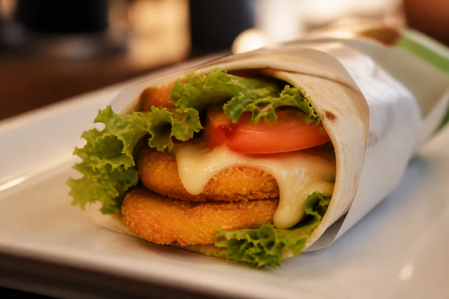 McWrap Veggie McDonald's ouvert sur un plateau montrant les galettes croustillantes, l'emmental fondu et la salade fraîche