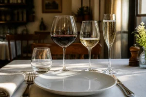 Table dressée avec verre à eau, verre à vin rouge, verre à vin blanc et flûte alignés