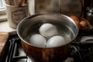 Trois œufs dans une casserole d'eau bouillante, l'un flottant à la surface, cuisine traditionnelle française