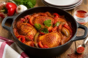 Cocotte de poulet basquaise avec poivrons rouges, tomates et piment d'Espelette, cuisine traditionnelle basque
