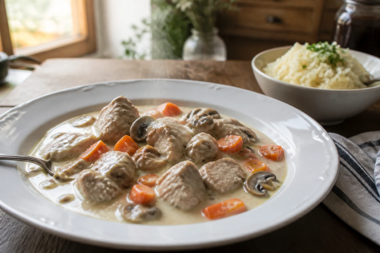 Blanquette de veau à l'ancienne servie dans un plat creux avec riz pilaf, recette traditionnelle de grand-mère