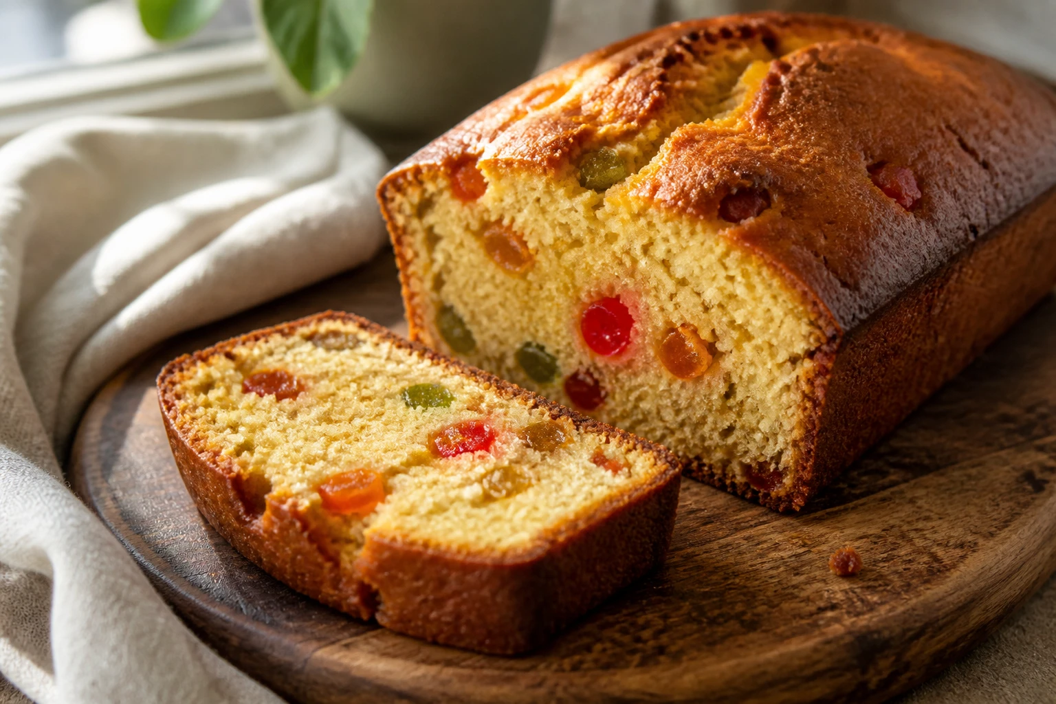 Cake aux fruits confits de grand-mère tranché sur une planche en bois, mie moelleuse et fruits colorés apparents