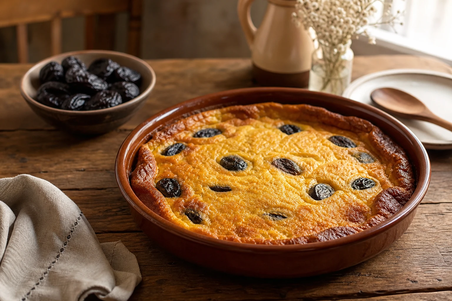 Far breton aux pruneaux moelleux dans un plat en terre cuite, recette de grand-mère