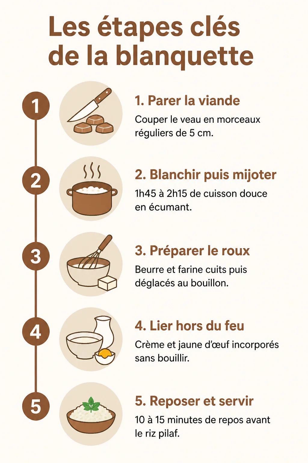 Les étapes clés de la blanquette : 1. Parer la viande, 2. Blanchir puis mijoter, 3. Préparer le roux, 4. Lier hors du feu, 5. Reposer et servir