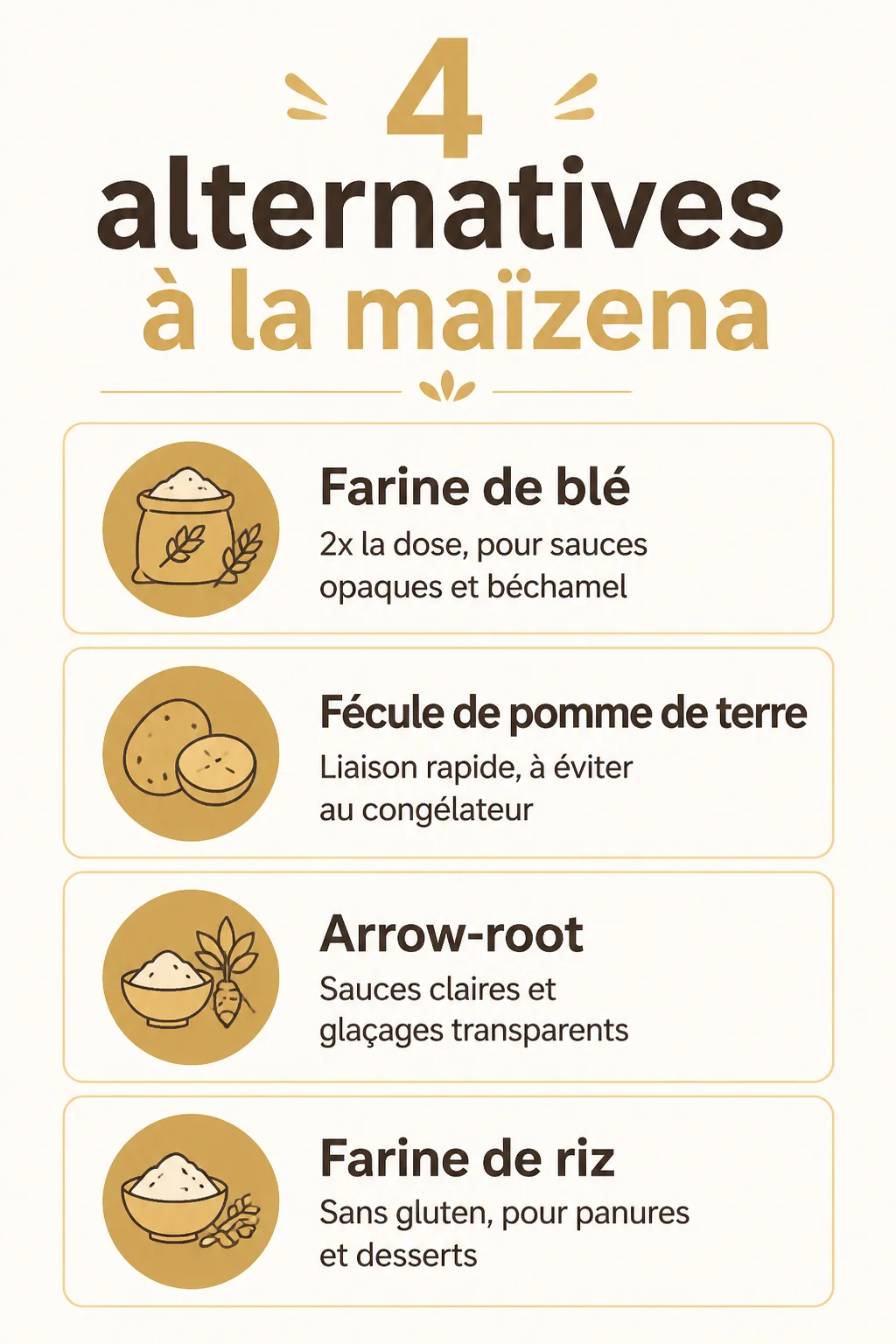4 alternatives à la maïzena : Farine de blé, Fécule de pomme de terre, Arrow-root, Farine de riz