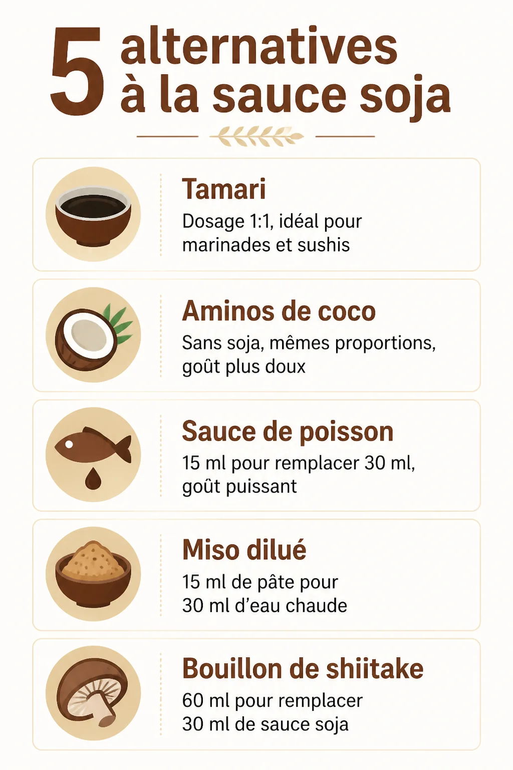 5 alternatives à la sauce soja : Tamari, Aminos de coco, Sauce de poisson, Miso dilué, Bouillon de shiitake