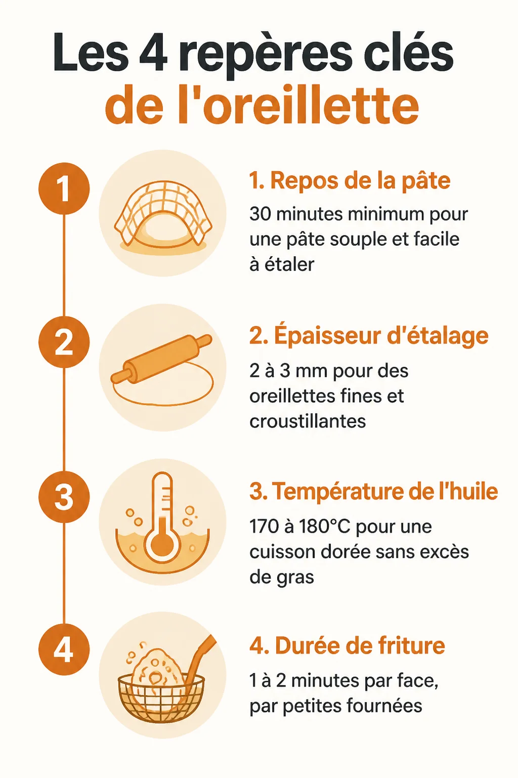 Les 4 repères clés de l'oreillette : 1. Repos de la pâte, 2. Épaisseur d'étalage, 3. Température de l'huile, 4. Durée de friture