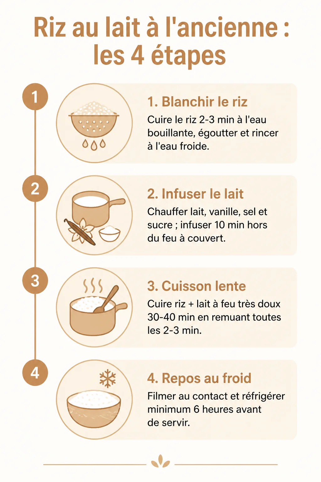 Riz au lait à l'ancienne : les 4 étapes : 1. Blanchir le riz, 2. Infuser le lait, 3. Cuisson lente, 4. Repos au froid