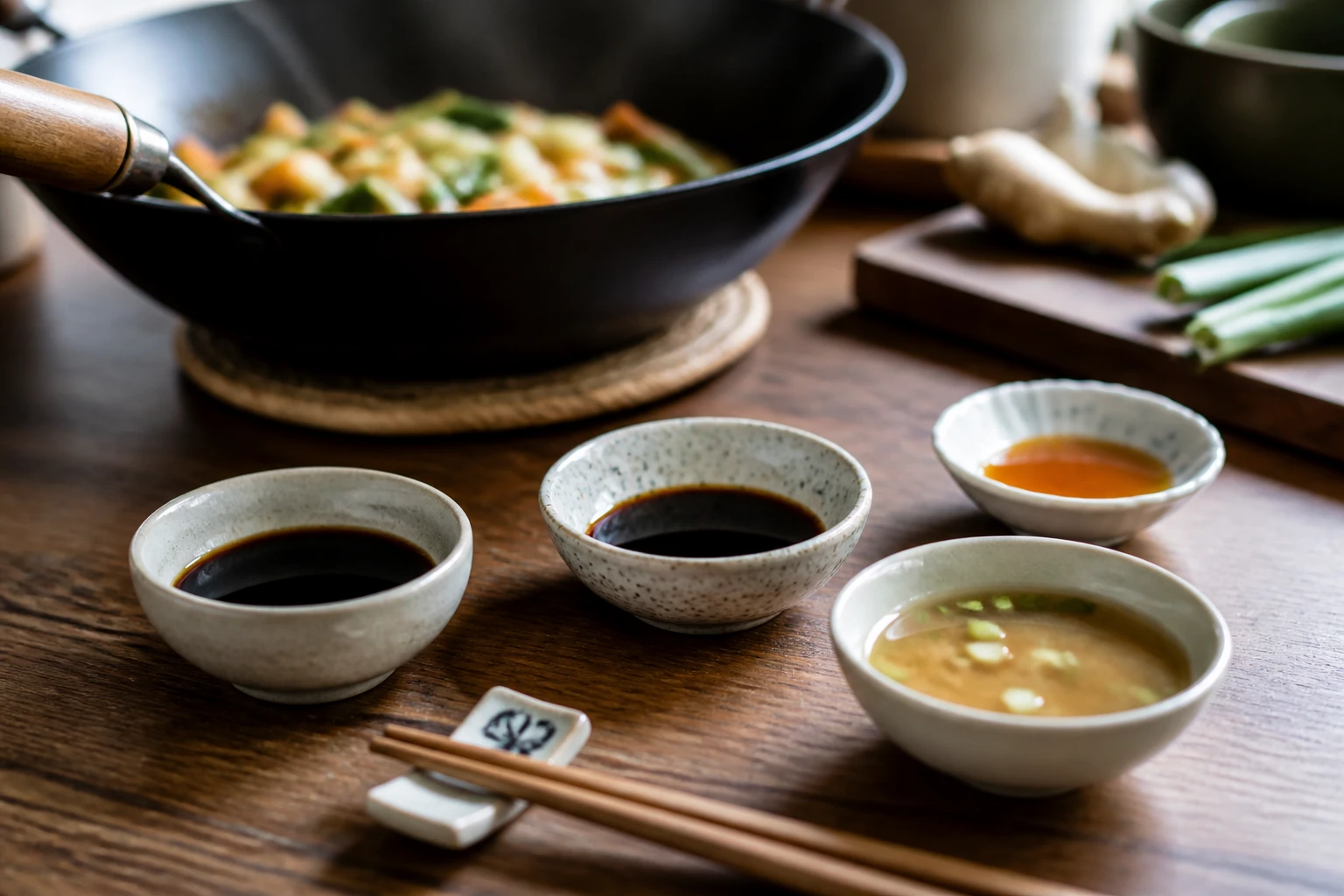 Bols de substituts à la sauce soja, tamari et aminos de coco, sur une table en bois
