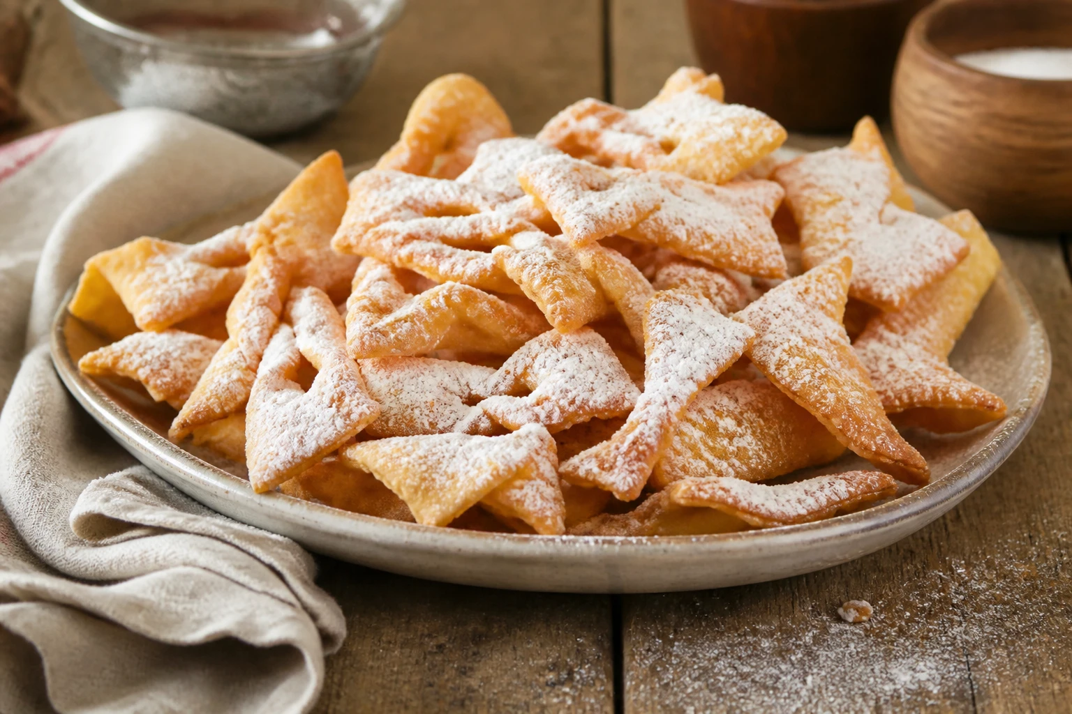 Oreillettes croustillantes saupoudrées de sucre glace dans un plat en céramique sur table en bois