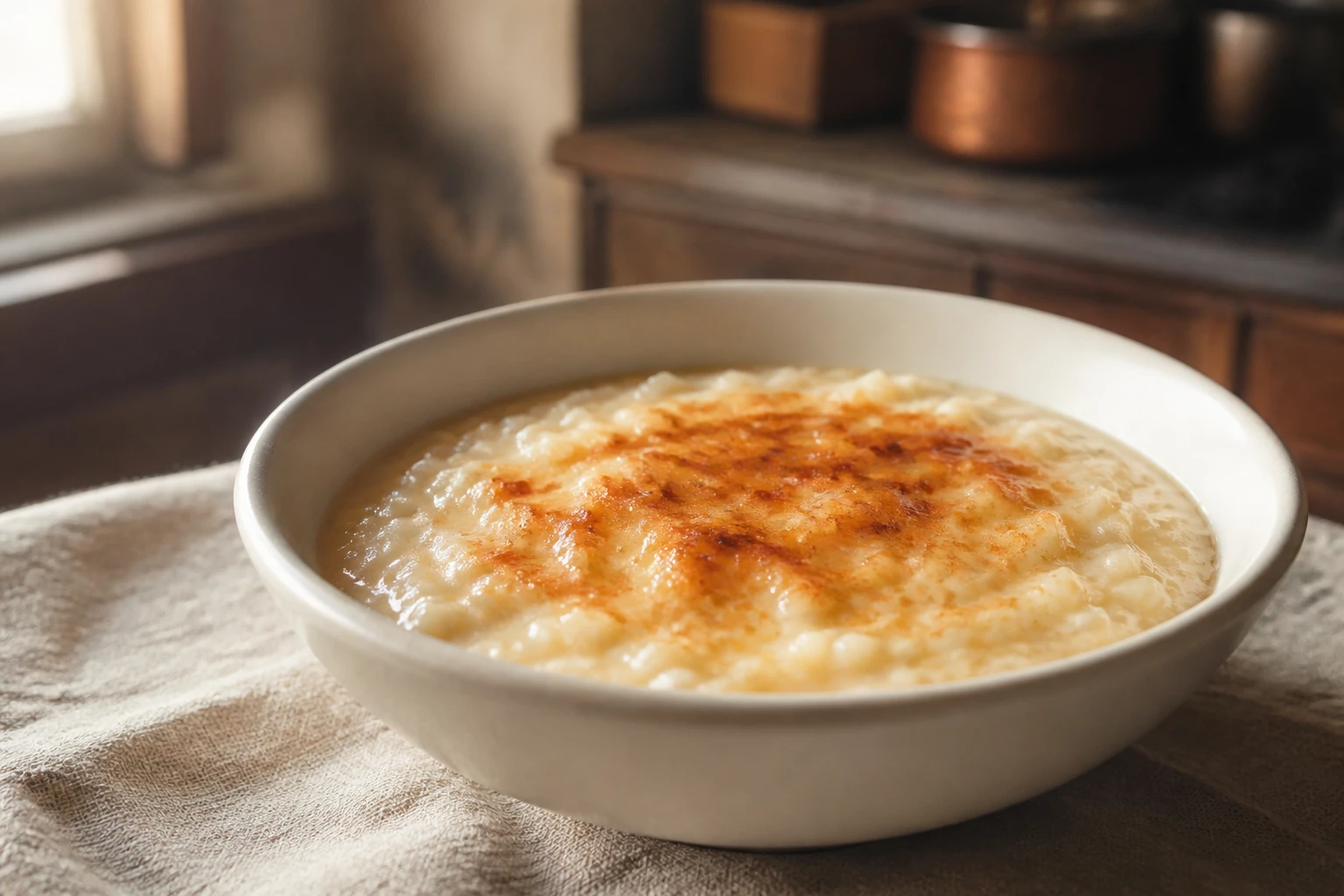Riz au lait à l'ancienne servi dans un bol en faïence blanc, texture crémeuse avec grains de riz apparents, ambiance cuisine de grand-mère
