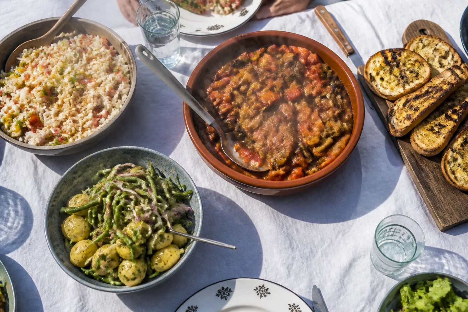 Table de jardin avec salade de riz, ratatouille et pain à l'ail pour accompagner un barbecue