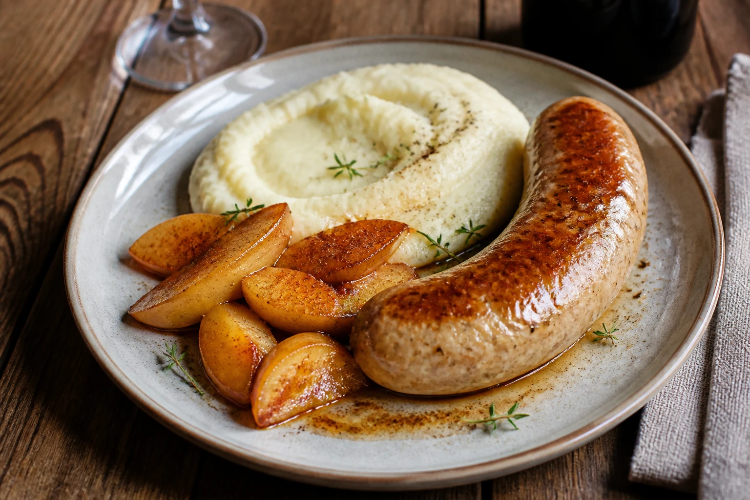 Assiette de boudin blanc doré accompagné de purée de panais et de pommes poêlées à la cannelle