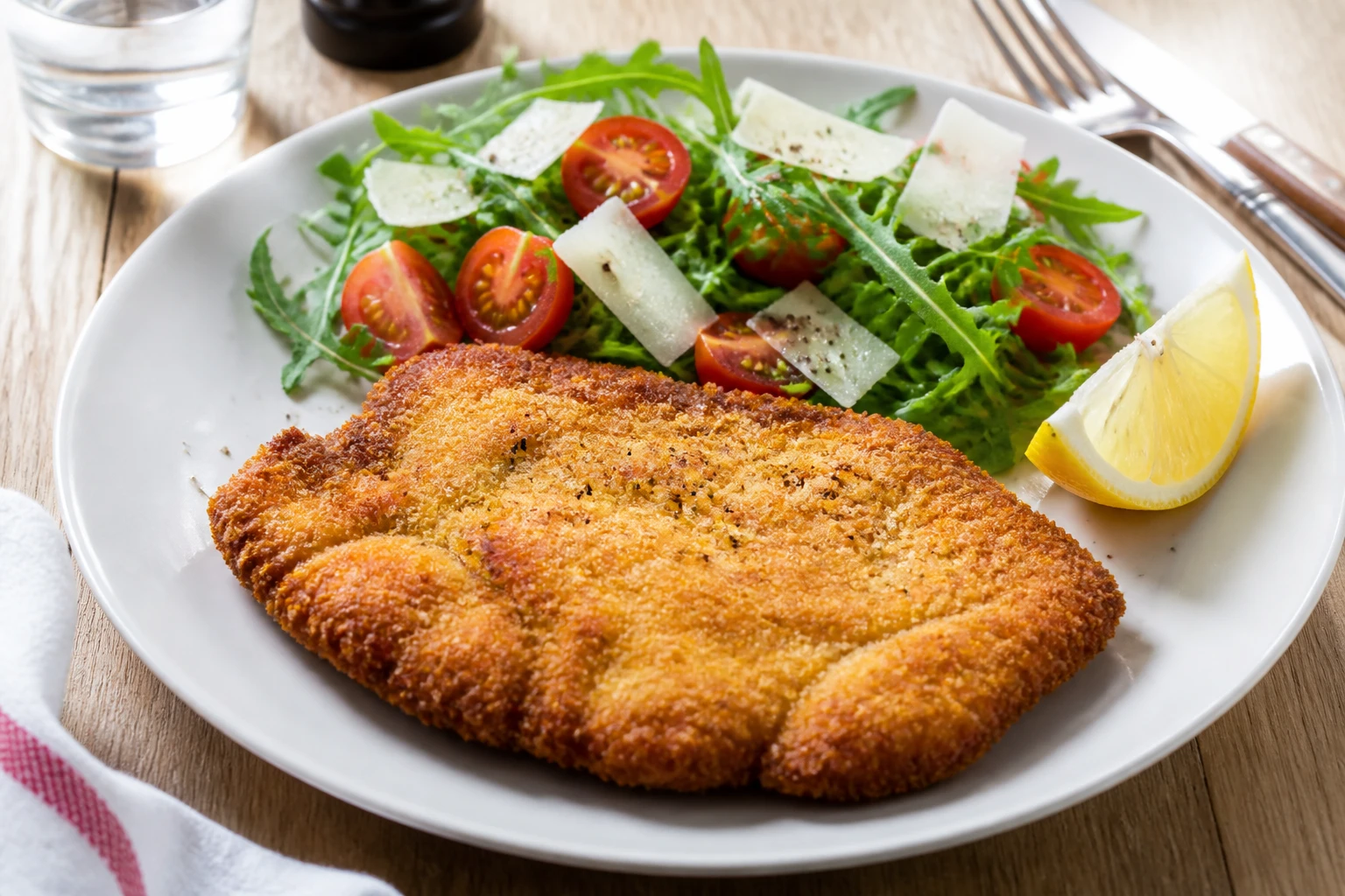 Escalope milanaise croustillante servie avec salade de roquette, tomates et citron sur assiette blanche