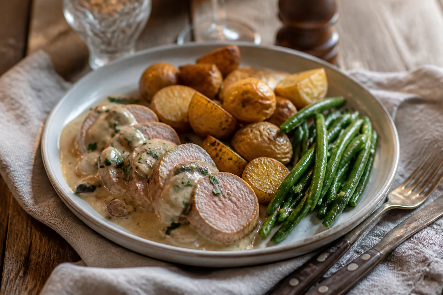 Assiette de filet mignon en sauce accompagné de pommes de terre grenaille et haricots verts sur table en bois