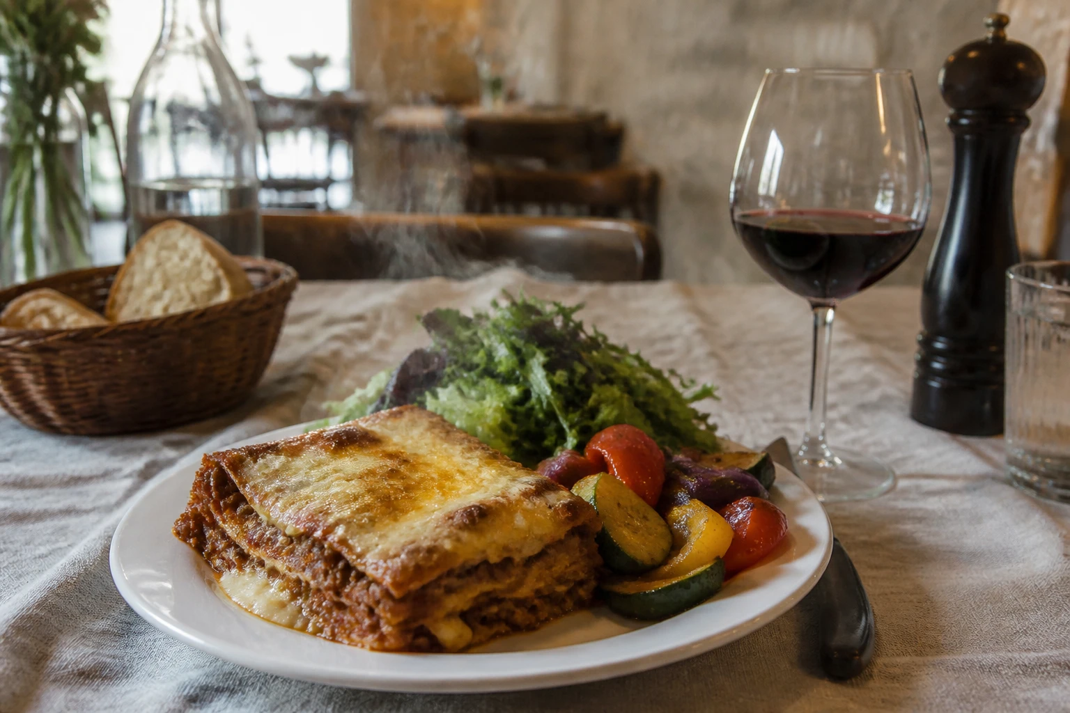 Part de lasagnes bolognaise servie avec salade verte et légumes rôtis en accompagnement