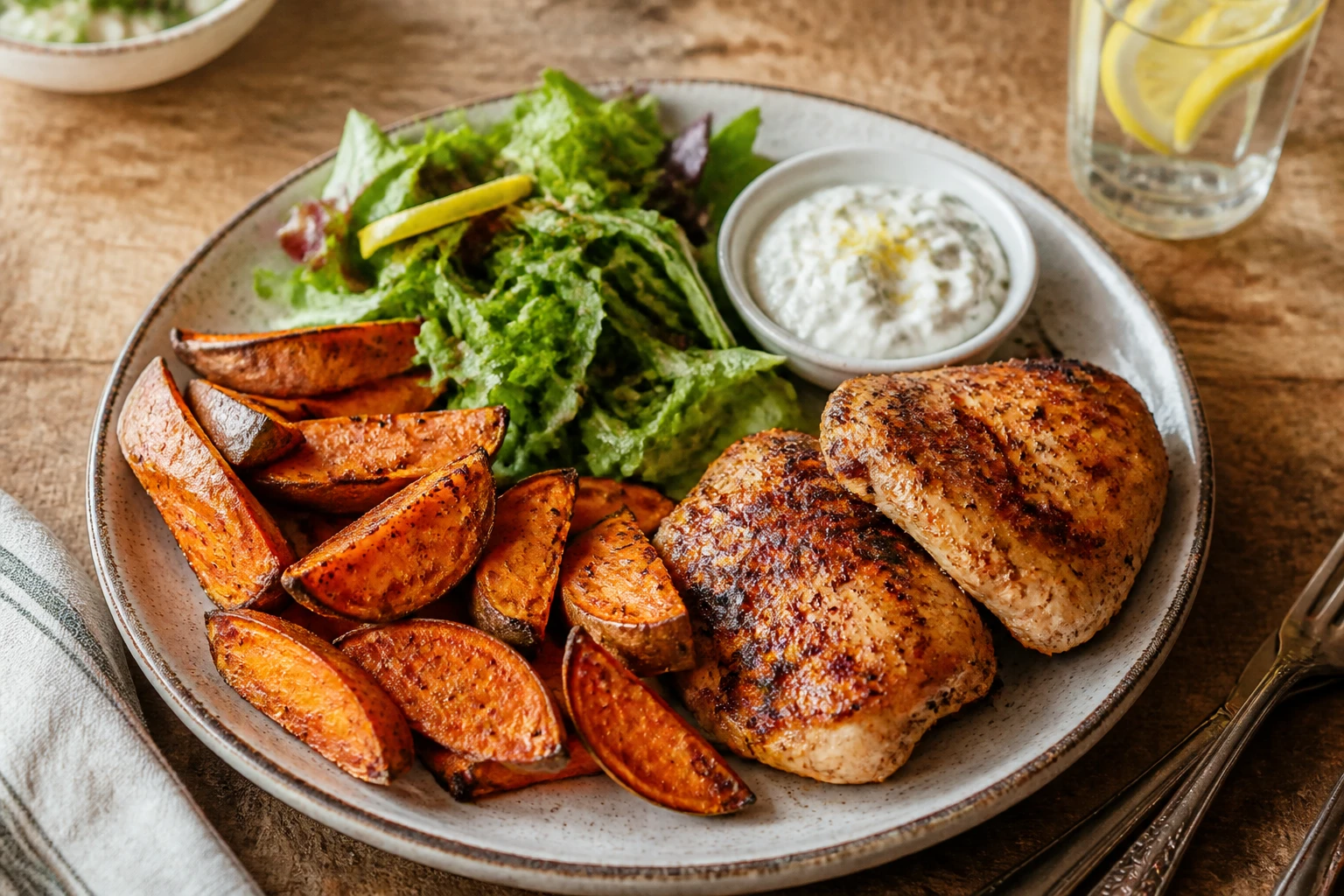 Assiette de patate douce rôtie avec poulet grillé, salade croquante et sauce au yaourt citronnée