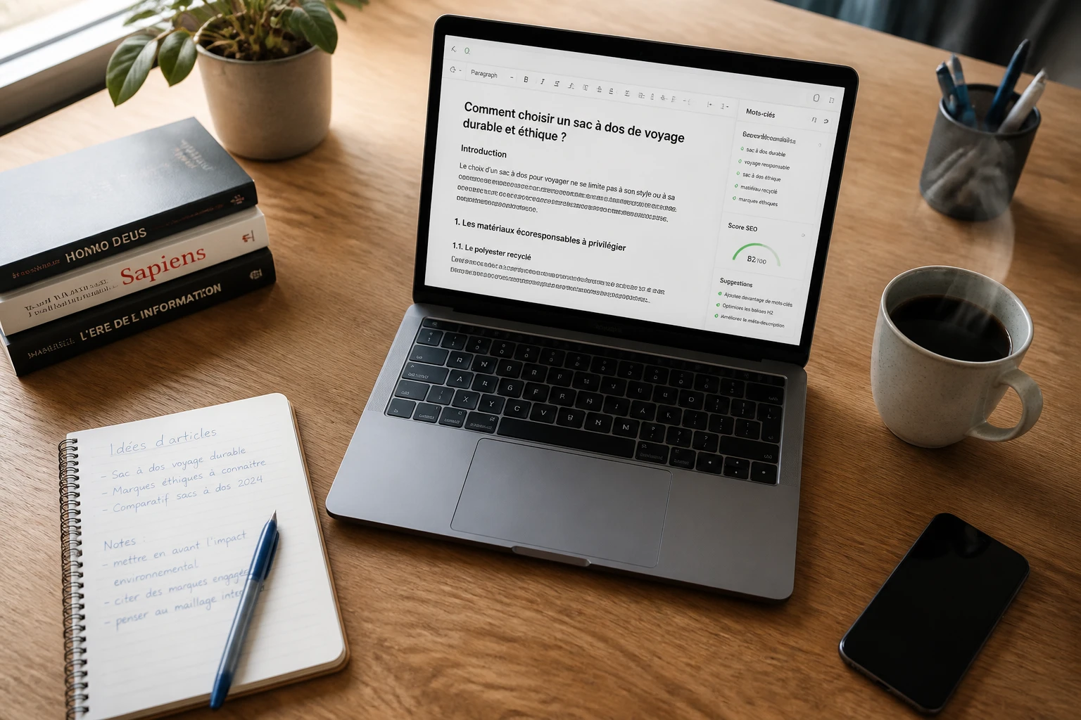 Bureau de rédacteur SEO avec ordinateur portable, carnet de notes et café, lumière naturelle