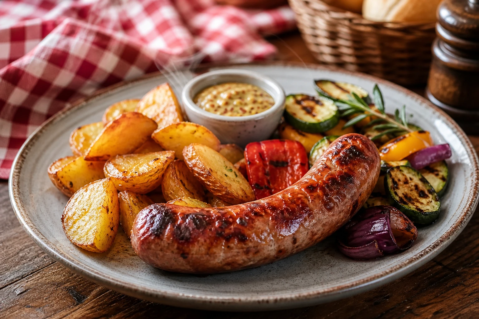 Assiette de saucisse grillée avec pommes de terre rôties et légumes en accompagnement