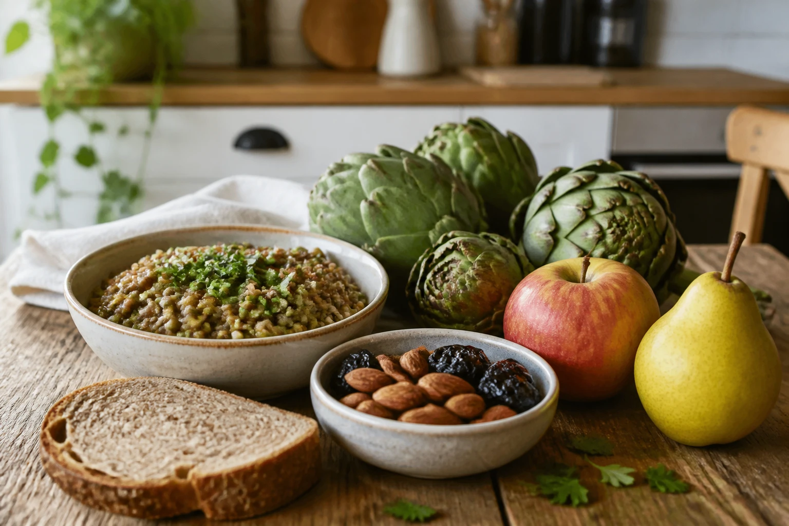 Assortiment d'aliments riches en fibres sur une table en bois : légumineuses, fruits secs, pain complet et légumes
