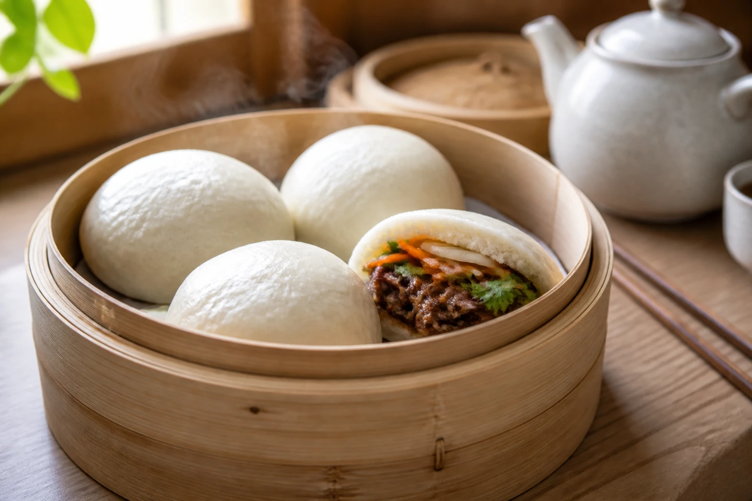Bao buns maison moelleux servis dans un panier vapeur en bambou avec garniture de porc confit