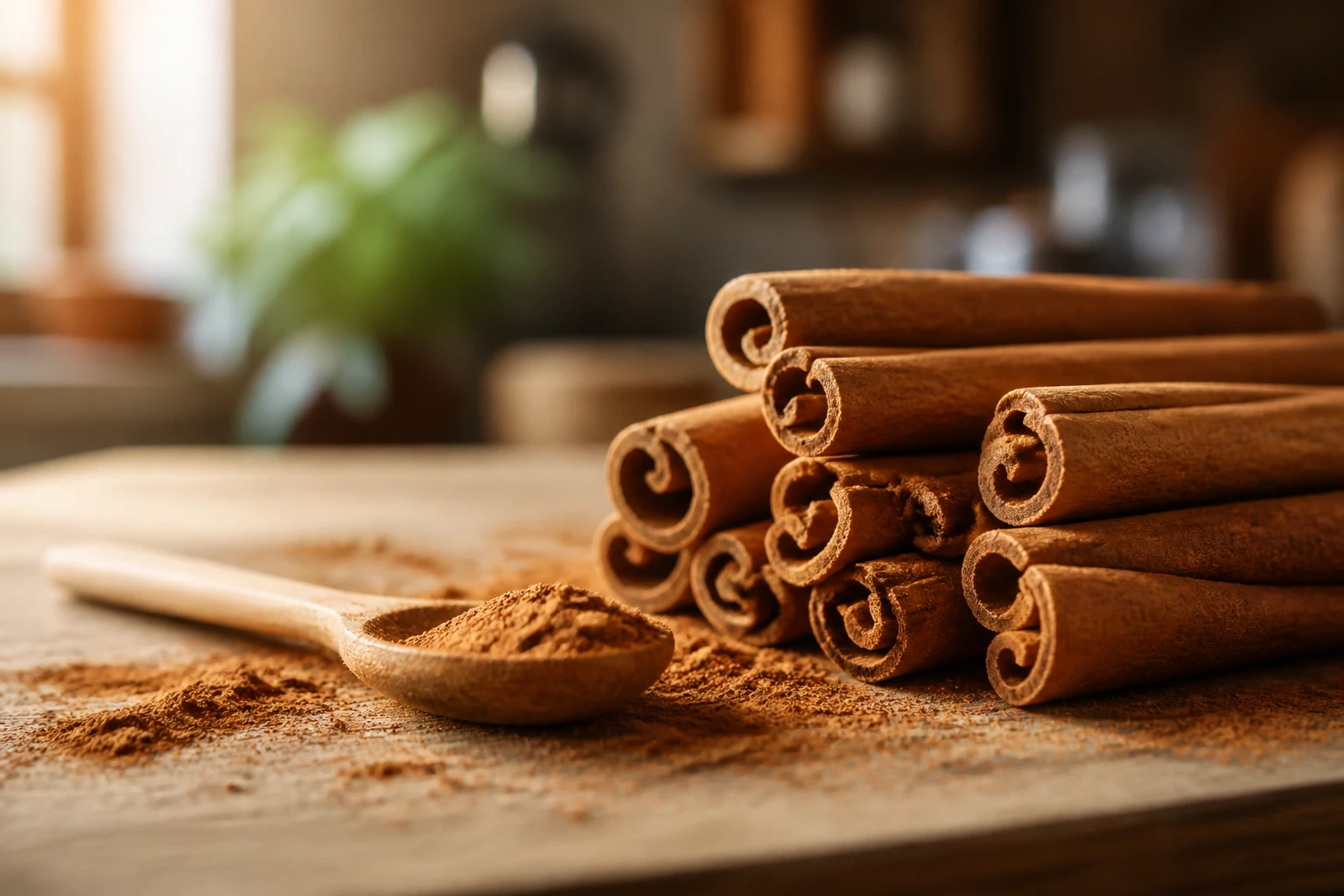 Bâtons de cannelle de Ceylan et poudre de cannelle sur une planche en bois dans une cuisine