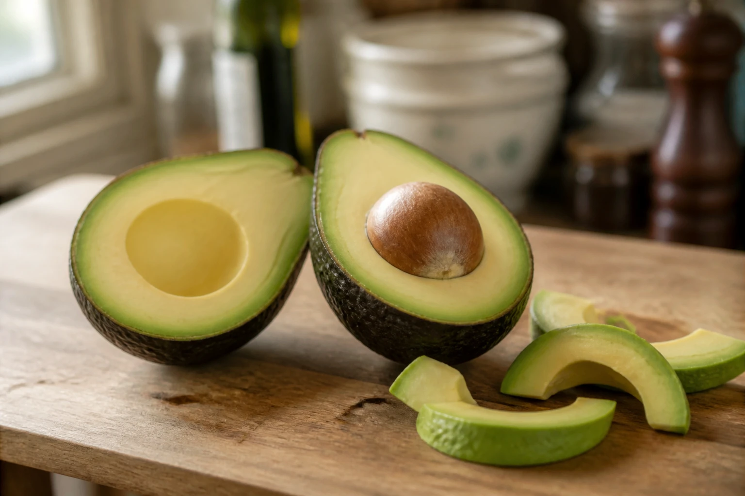 Avocat mûr coupé en deux sur une planche en bois, illustrant les bienfaits de l'avocat pour la santé