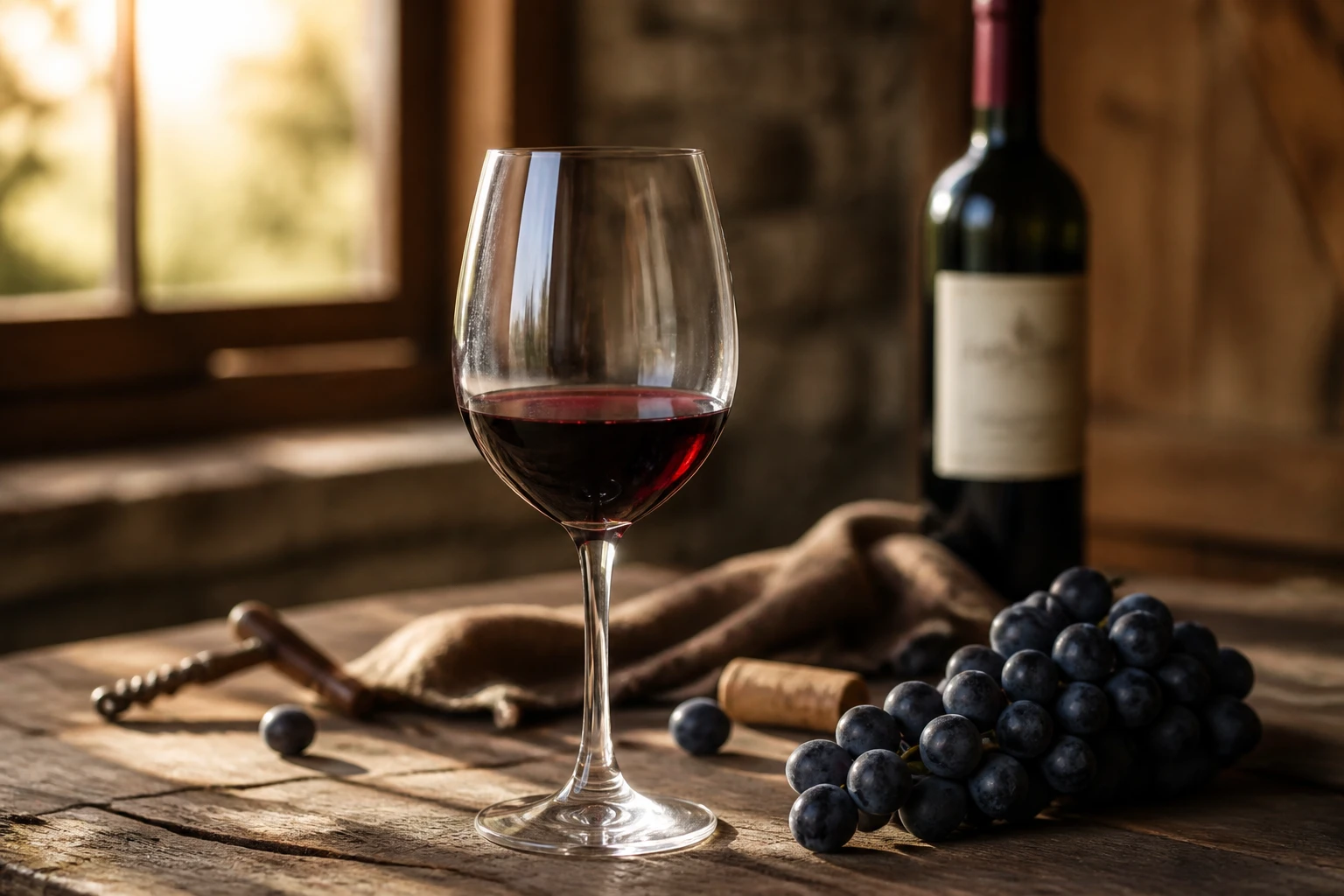 Verre de vin rouge posé sur une table en bois avec une grappe de raisin noir à proximité