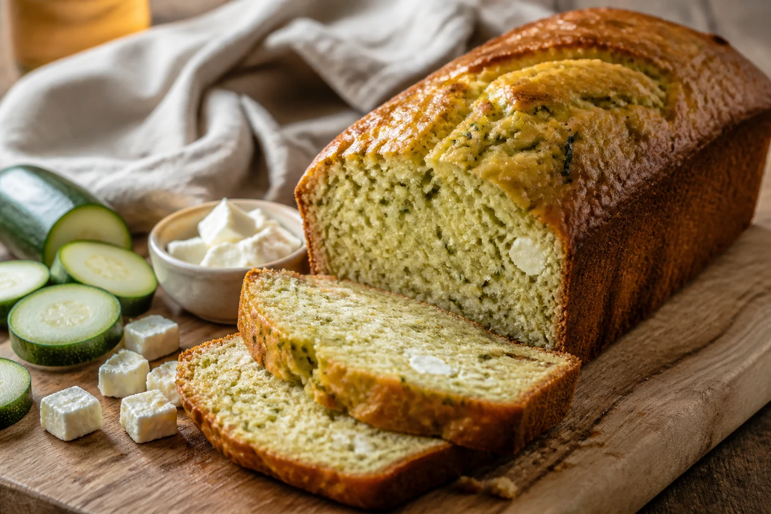 Cake courgette feta tranché sur planche en bois avec mie moelleuse et morceaux de feta visibles