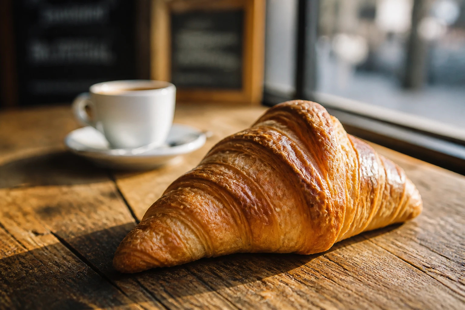 Croissant doré et feuilleté posé sur un comptoir en bois de boulangerie, lumière matinale