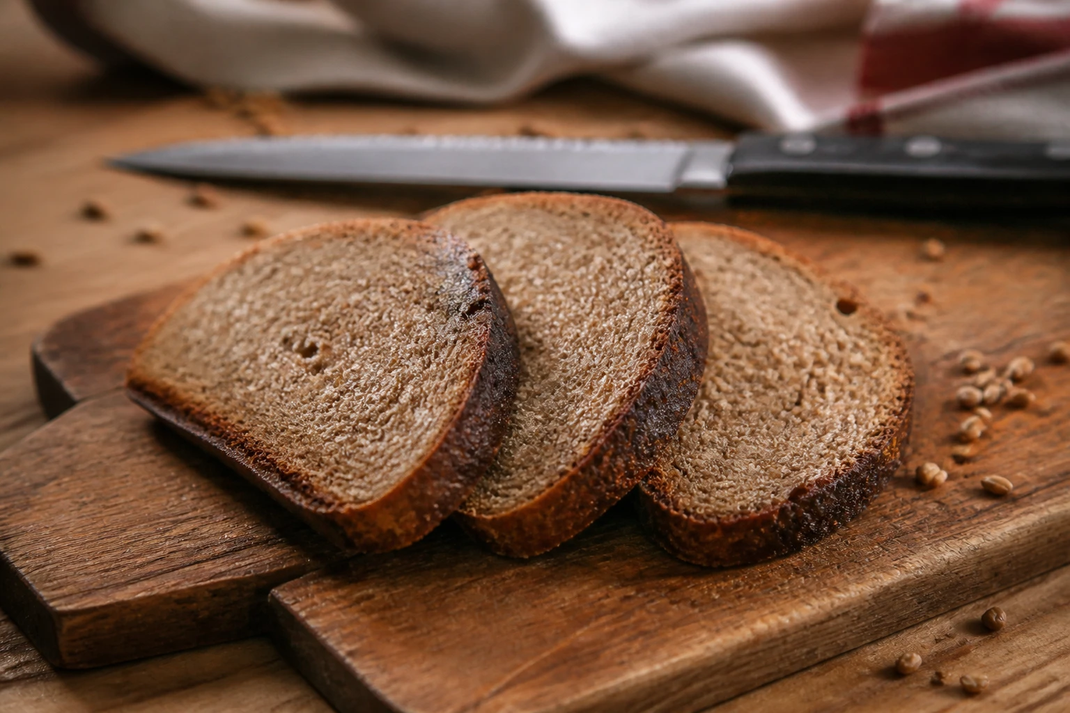Tranches de pain de seigle rustique sur une planche en bois avec grains de seigle éparpillés