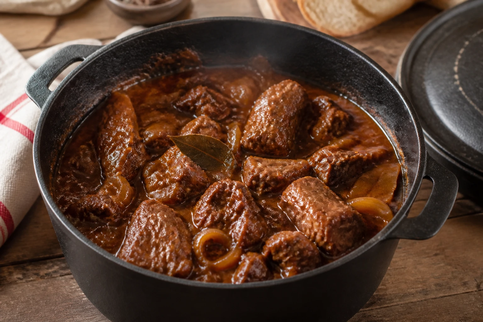 Cocotte en fonte remplie de carbonade à la flamande grand-mère mijotée avec sauce brune et bœuf fondant