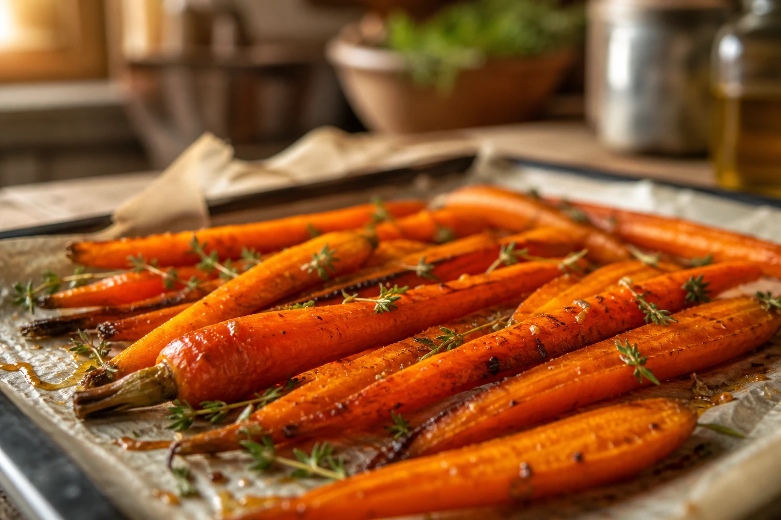 Carottes rôties au miel dorées et caramélisées sur une plaque de cuisson avec brins de thym
