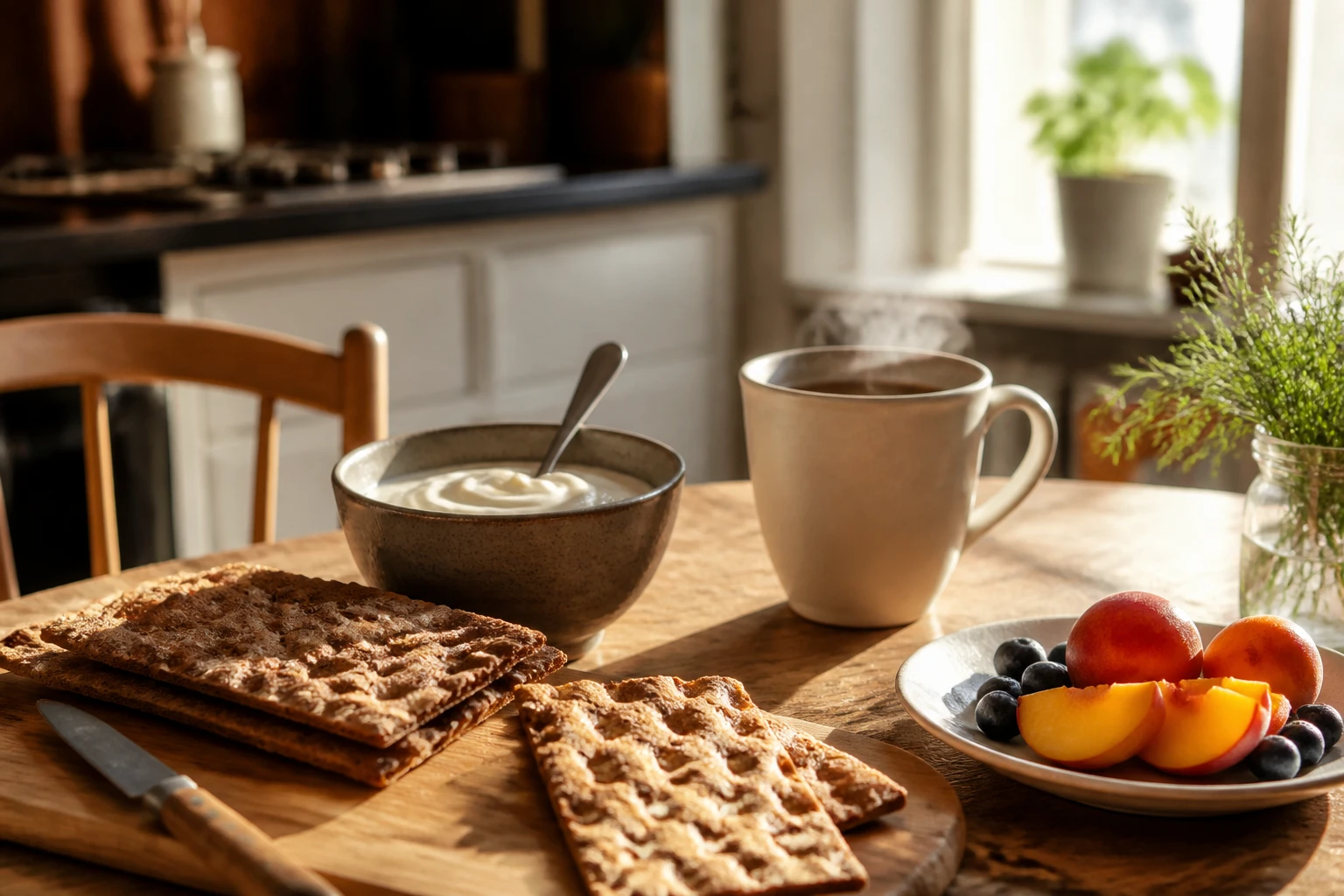 Galettes de pain Wasa sur planche en bois avec yaourt et fruit pour un petit-déjeuner équilibré