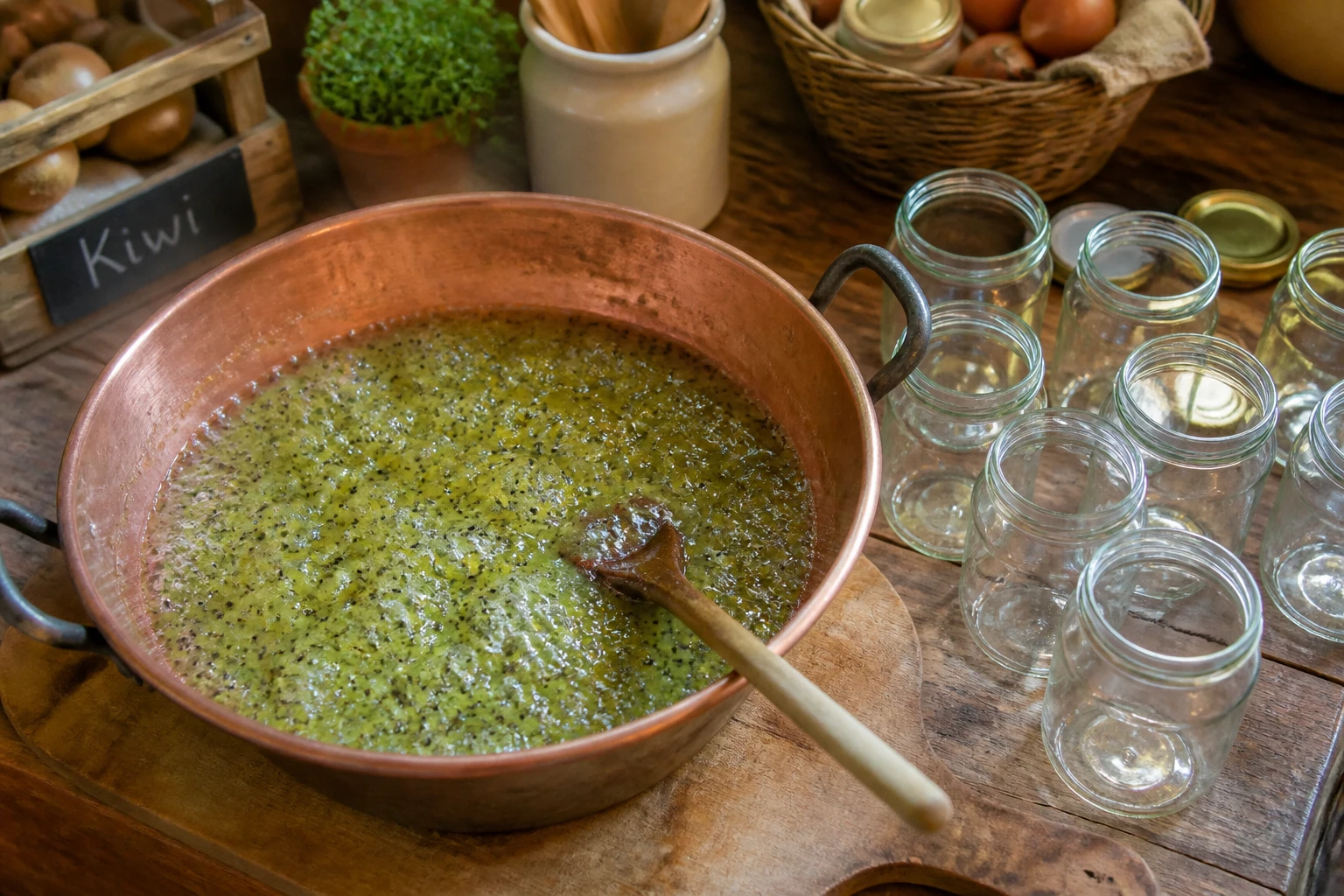 Bassine en cuivre de confiture de kiwi maison mijotant avec des pots vides posés à côté