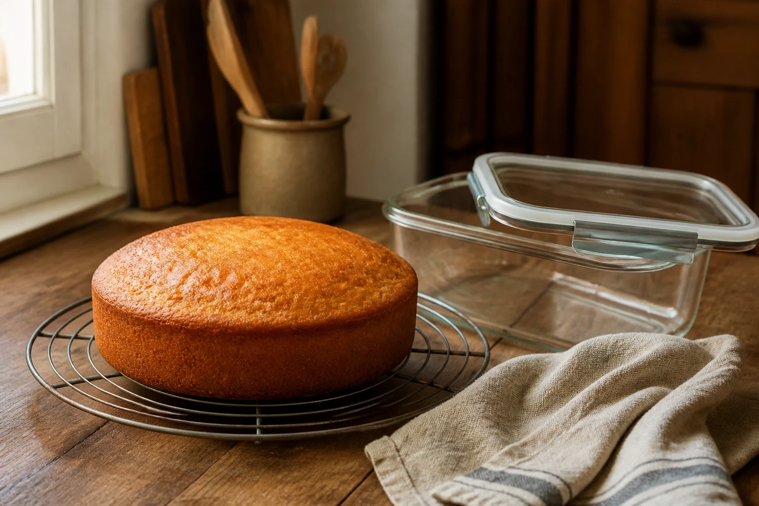 Gâteau au yaourt posé sur une grille près d'une boîte hermétique pour sa conservation