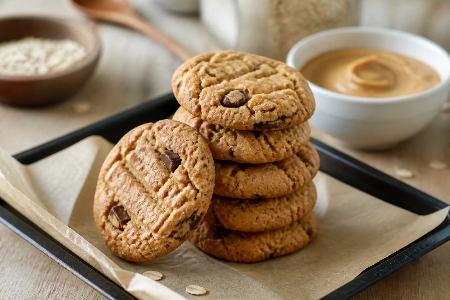 Cookies healthy au beurre de cacahuète moelleux disposés sur une plaque de cuisson avec flocons d'avoine
