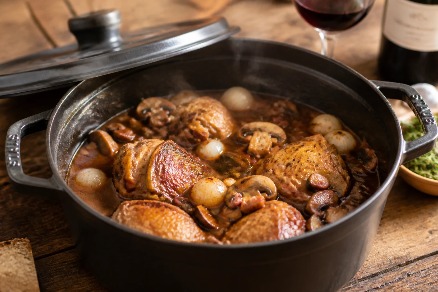 Cocotte en fonte de coq au vin traditionnel avec champignons et petits oignons dans une cuisine rustique