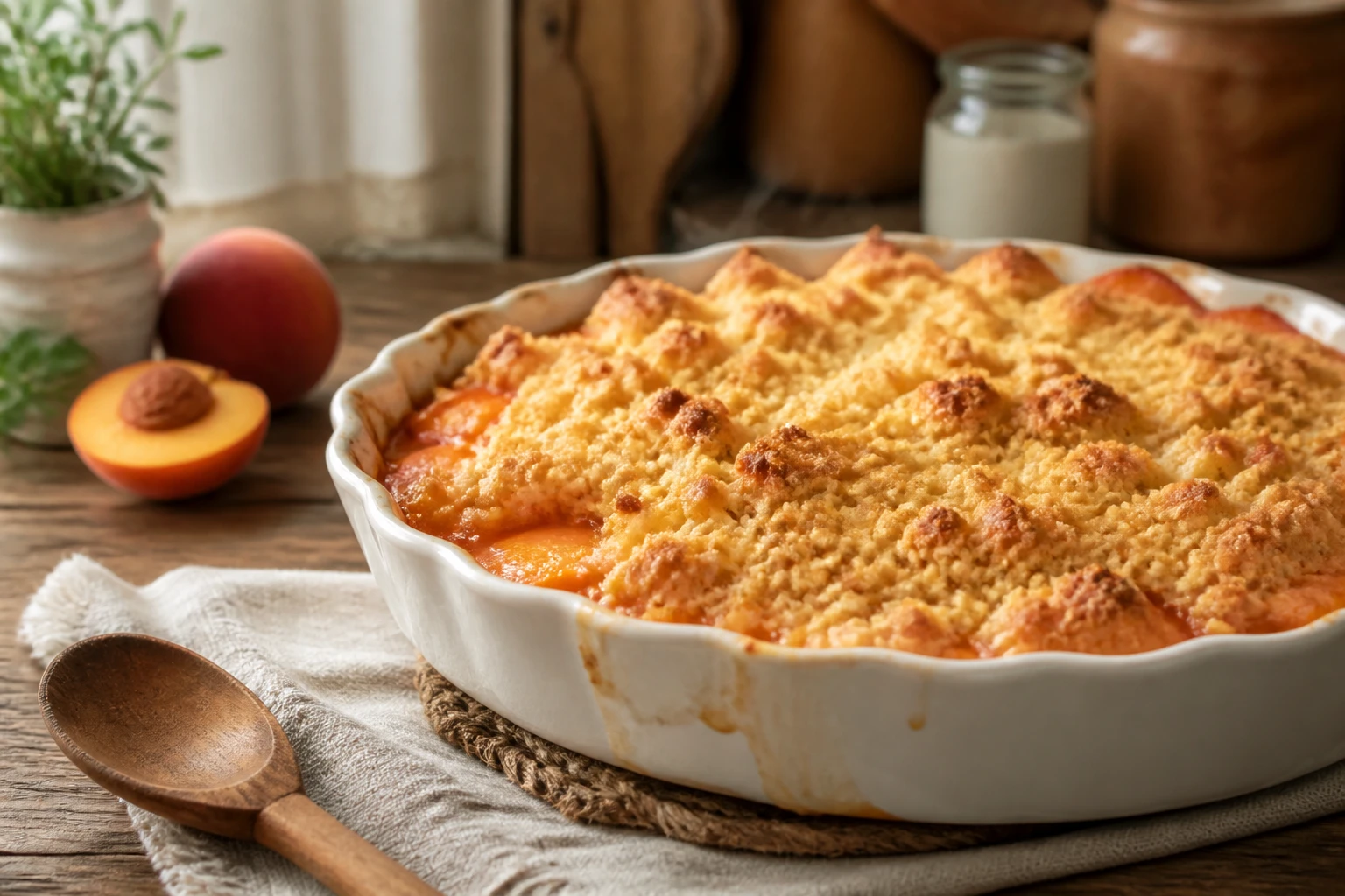 Crumble à la pêche doré et croustillant dans un plat en céramique, sorti du four
