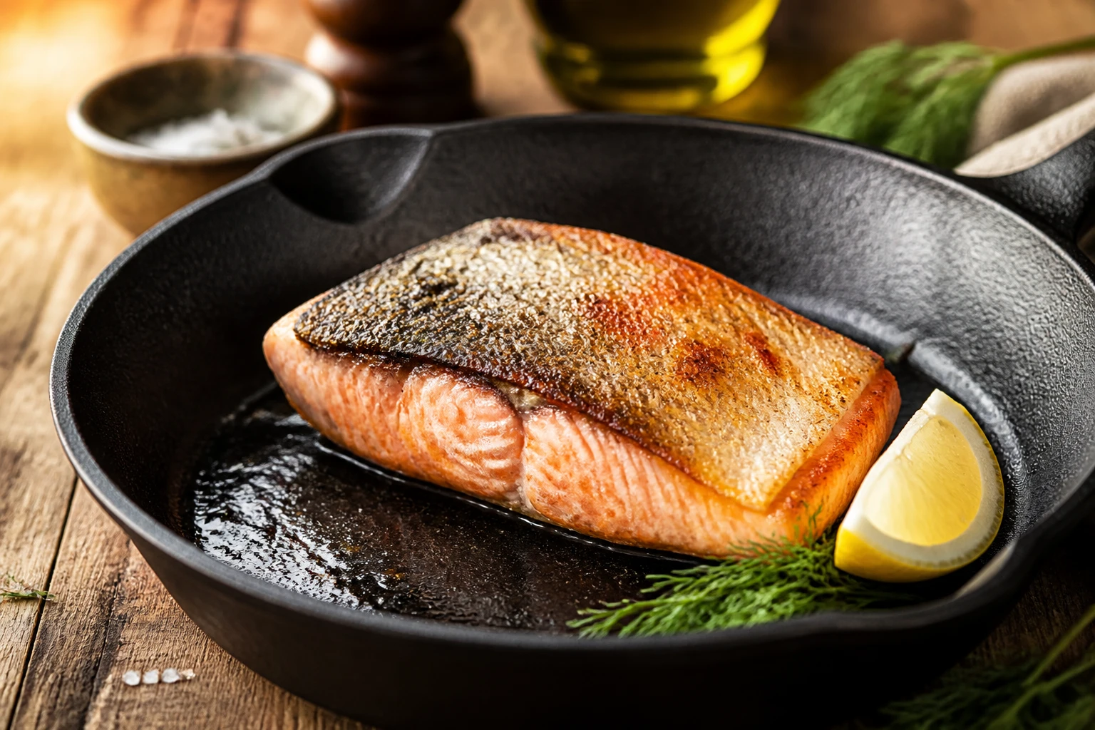 Pavé de saumon cuit à la poêle avec peau croustillante et chair nacrée, servi avec citron et aneth