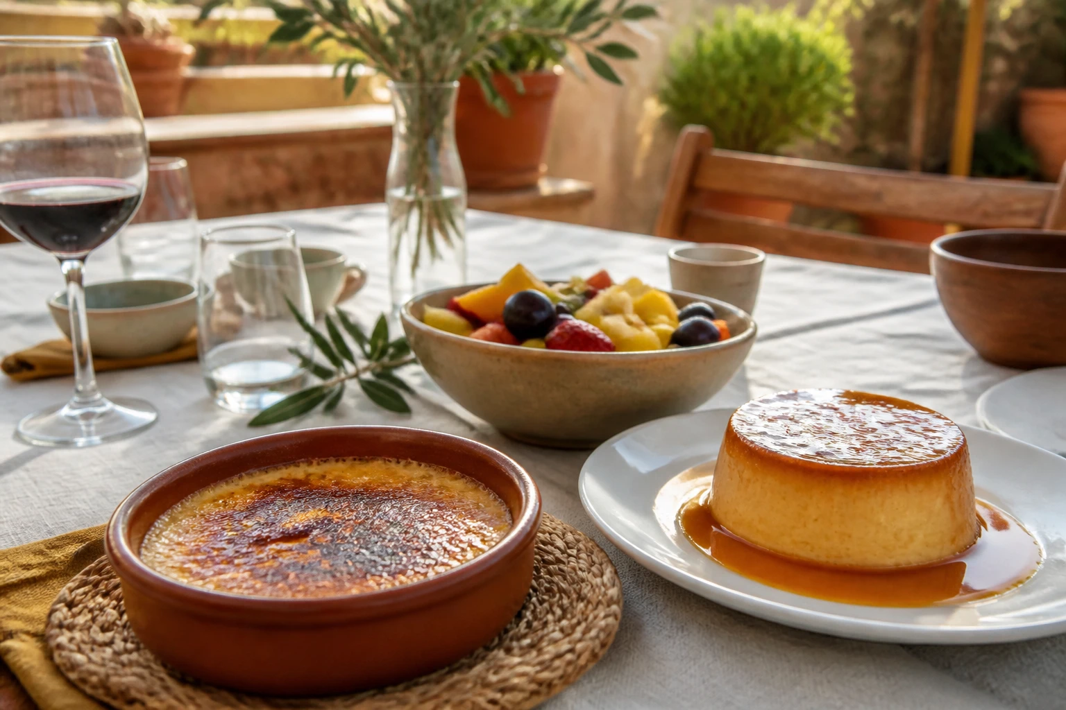 Crème catalane caramélisée et flan espagnol servis en dessert après une paella