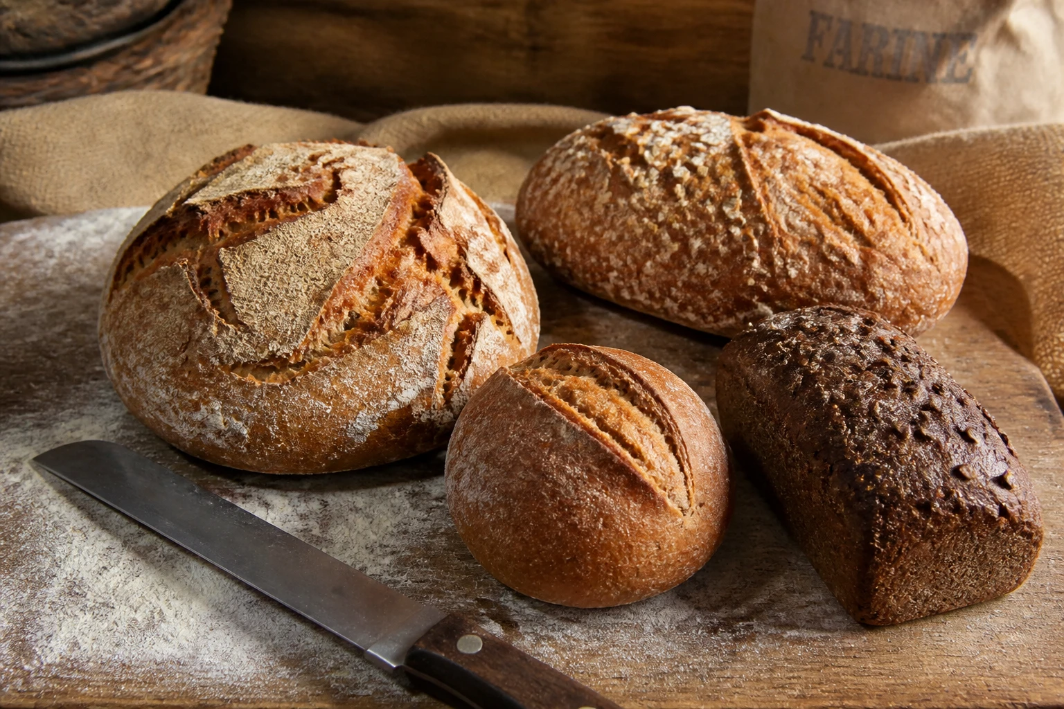 Assortiment de pains complet, levain, seigle et épeautre sur planche en bois pour choisir le meilleur pain santé