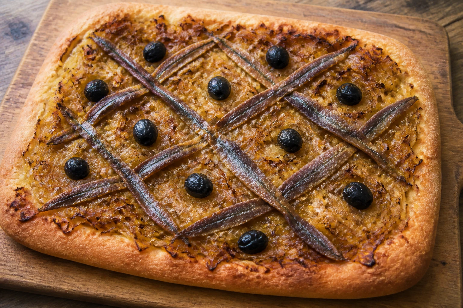 Pissaladière grand-mère traditionnelle garnie d'oignons fondants, anchois et olives noires de Nice