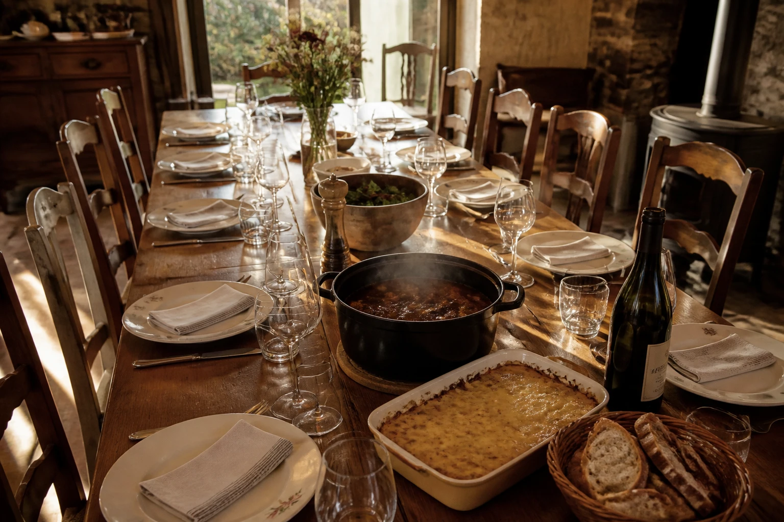 Table dressée pour dix personnes avec cocotte de bourguignon fumant et gratin dauphinois