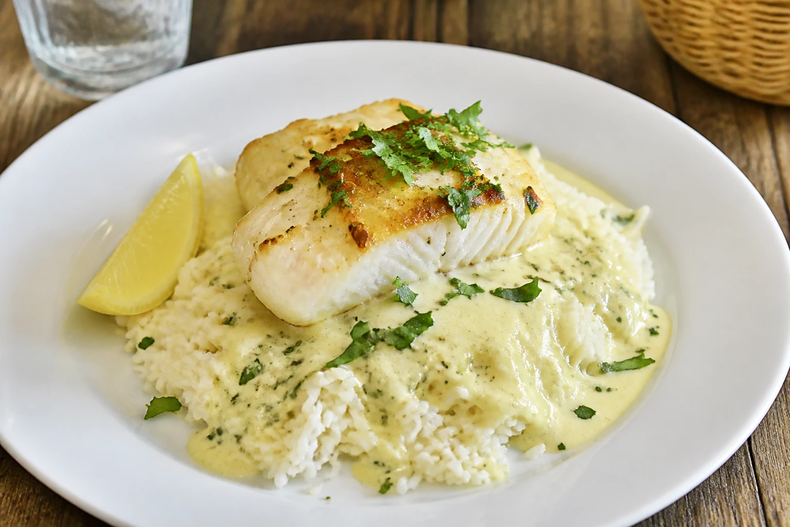 Assiette de riz en sauce crème citronnée avec un pavé de cabillaud, vue de dessus sur table en bois