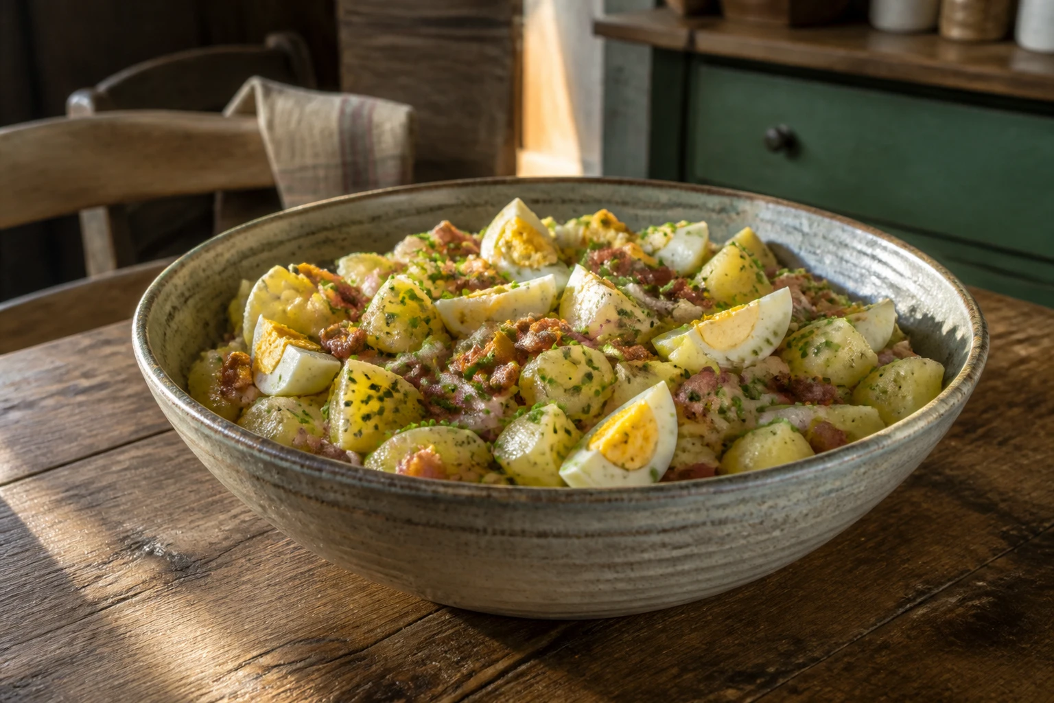 Salade de pomme de terre grand-mère avec œufs durs, lardons et ciboulette dans un saladier en céramique