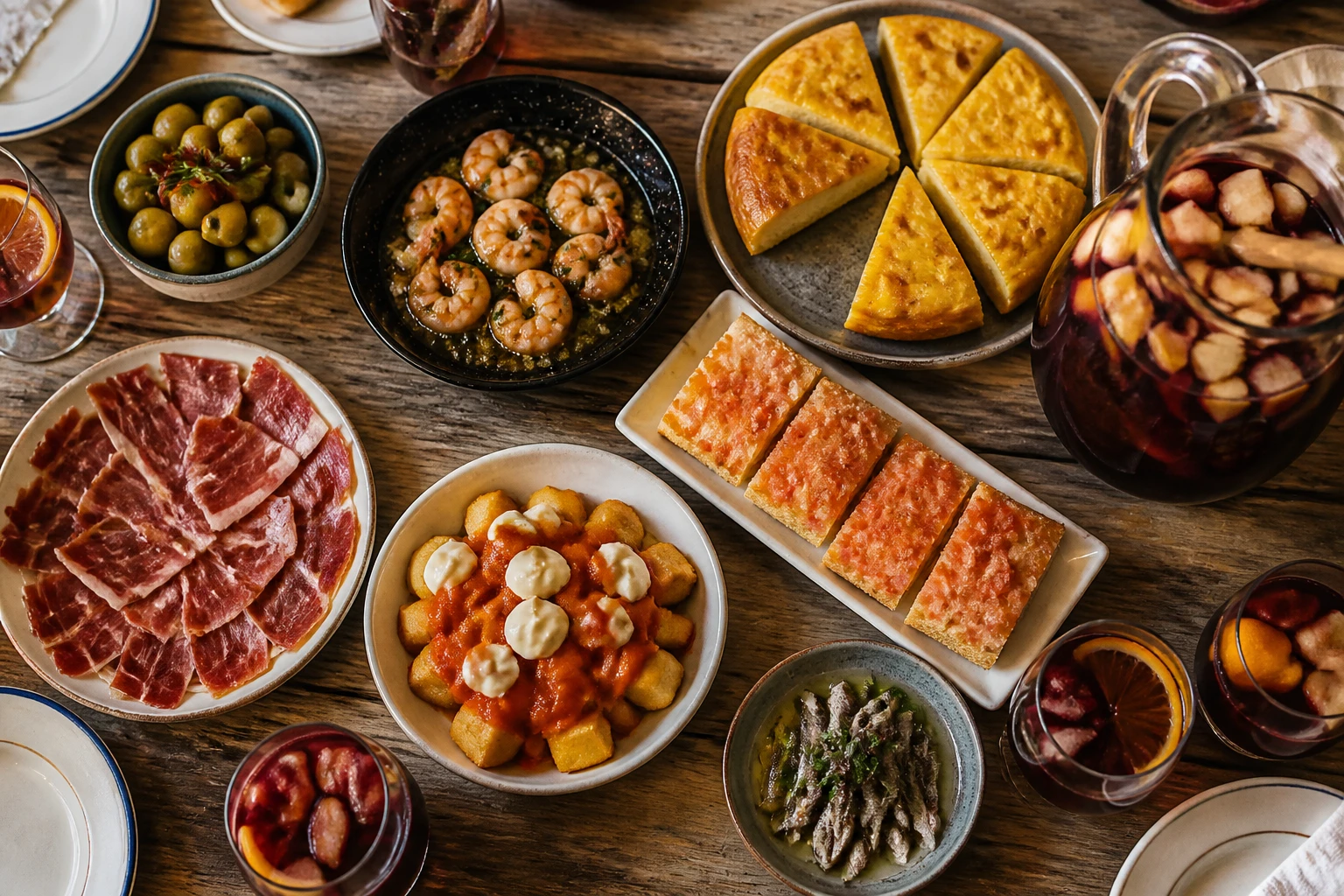 Table en bois avec assortiment de tapas espagnoles : bravas, tortilla, gambas et pan con tomate